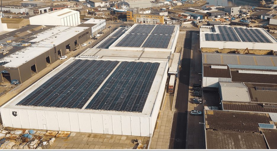 Solar panels on roof at Cornelis Vrolijk in IJmuiden